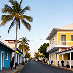 Caribbean Holidays, Jamaica City Breaks, Colourful Kingston street scene in October, with palm trees, lively pedestrians, Jamaican flags and warm afternoon light