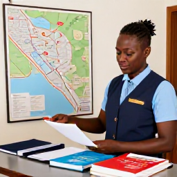 Caribbean Holidays, Jamaica City Breaks, Friendly hotel concierge in Kingston helping travellers plan a September Jamaica city break beside a map and local guidebooks