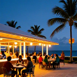 Caribbean Holidays, Jamaica City Breaks, Friendly Jamaican evening in June, with outdoor dining, live music and warmly lit streets near the sea
