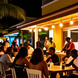Caribbean Holidays, Jamaica City Breaks, Friendly Jamaican evening street scene with outdoor dining, live reggae music, warm lights and relaxed visitors