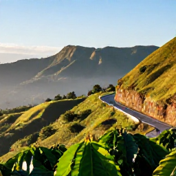 Caribbean Holidays, Jamaica City Breaks, Jamaican Blue Mountains landscape near Kingston with winding road, lush hills, coffee plants and clear morning skies