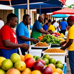 Caribbean Holidays, Jamaica City Breaks, Jamaican food market with colourful fruit, local dishes and friendly vendors in a busy city setting
