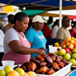 Caribbean Holidays, Jamaica City Breaks, Jamaican food market with jerk chicken, fresh tropical fruit and friendly local vendors in warm May sunshine