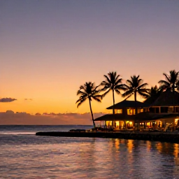 Caribbean Holidays, Jamaica City Breaks, Montego Bay waterfront at sunset with palm trees, calm Caribbean Sea and illuminated restaurants