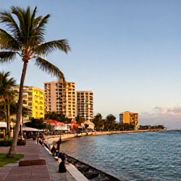 Caribbean Holidays, Jamaica City Breaks, Montego Bay waterfront at sunset with palm trees, calm turquoise water, colourful buildings and visitors enjoying the promenade