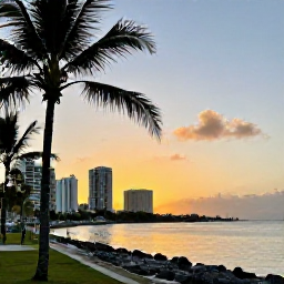 Caribbean Holidays, Jamaica City Breaks, Relaxed Jamaican evening with warm sunset light over a city waterfront and palm trees