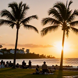 Caribbean Holidays, Jamaica City Breaks, Relaxed Kingston waterfront at sunset with palm trees, warm golden light and travellers enjoying an easygoing Caribbean evening