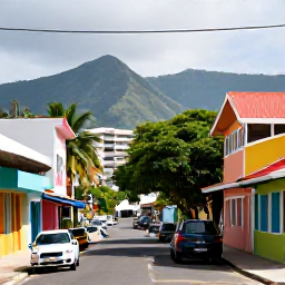 Caribbean Holidays, Jamaica City Breaks, Street scene in Kingston, Jamaica, with colourful buildings, tropical greenery and the Blue Mountains in the distance