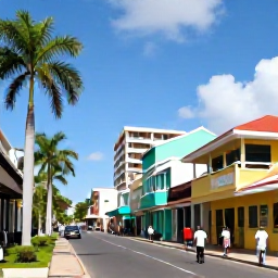 Caribbean Holidays, Jamaica City Breaks, Sunny Kingston street scene in July with colourful buildings, palm trees and local people exploring the city
