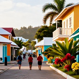 Caribbean Holidays, Jamaica City Breaks, Travellers walking through a scenic Jamaican town with tropical plants, colourful architecture and warm afternoon light