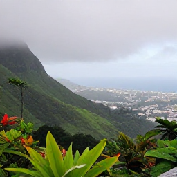 Caribbean Holidays, Jamaica City Breaks, View from the Blue Mountains above Kingston, with misty green slopes, tropical plants and the city visible below