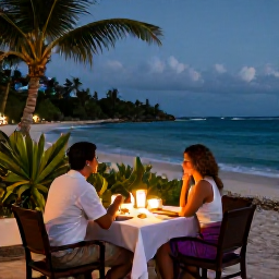 Caribbean Holidays, Jamaica Couples Holidays, A candlelit table for two at a Jamaican beachfront restaurant in the evening, with tropical plants and gentle waves nearby