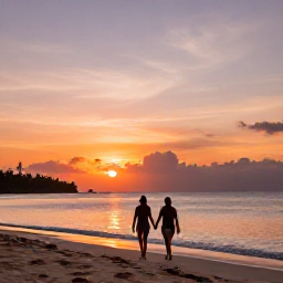 Caribbean Holidays, Jamaica Couples Holidays, A couple walking hand in hand along Seven Mile Beach in Negril at sunset, with calm water and a colourful Jamaican sky