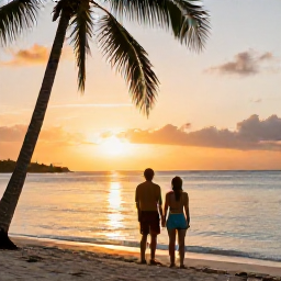 Caribbean Holidays, Jamaica Couples Holidays, A couple watching a golden sunset from a Jamaican beach with palm trees and calm waves