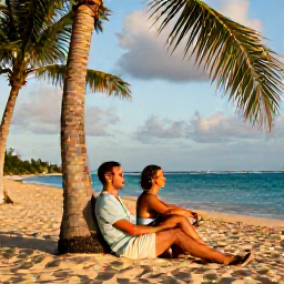 Caribbean Holidays, Jamaica Couples Holidays, A happy couple relaxing beneath palm trees beside a Jamaican beach, with warm evening light and turquoise sea
