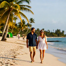 Caribbean Holidays, Jamaica Couples Holidays, A relaxed couple walking along a palm-fringed Jamaican beach in warm March sunshine