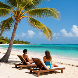 Caribbean Holidays, Jamaica Couples Holidays, A relaxed Jamaican beach in August with two sun loungers, clear turquoise water and palm trees under a bright tropical sky