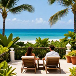 Caribbean Holidays, Jamaica Couples Holidays, Couple enjoying a comfortable Jamaican hotel terrace overlooking tropical gardens and the Caribbean Sea, bright June weather