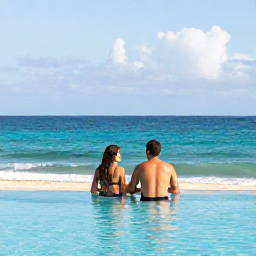 Caribbean Holidays, Jamaica Couples Holidays, Couple relaxing beside an infinity pool overlooking the Caribbean Sea at a Jamaican resort