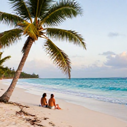 Caribbean Holidays, Jamaica Couples Holidays, Couple relaxing on a quiet Jamaican beach in June, turquoise sea, soft morning light, palm trees and a peaceful romantic atmosphere