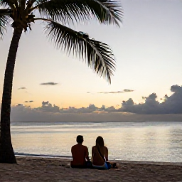 Caribbean Holidays, Jamaica Couples Holidays, Couple sitting on a Jamaican beach watching the sunset, calm sea, soft evening light and palm silhouettes