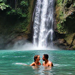Caribbean Holidays, Jamaica Couples Holidays, Couple swimming in clear turquoise water near a Jamaican waterfall surrounded by lush green forest