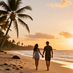 Caribbean Holidays, Jamaica Couples Holidays, Couple walking hand in hand along a quiet Jamaican beach at sunset, palm trees and warm golden light
