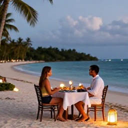 Caribbean Holidays, Jamaica Couples Holidays, Romantic Jamaican dinner for two on a beach at dusk, lanterns, tropical food and the sea in the background