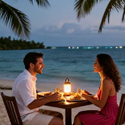 Caribbean Holidays, Jamaica Couples Holidays, Romantic Jamaican evening with a couple dining beside the sea, warm lantern light, local food and a relaxed tropical setting