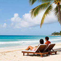 Caribbean Holidays, Jamaica Couples Holidays, Romantic Jamaican resort beach with two sun loungers, gentle waves, tropical palms and a couple enjoying a relaxed June afternoon
