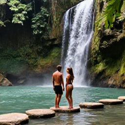 Caribbean Holidays, Jamaica Couples January, Couple exploring lush Jamaican waterfall and tropical forest, natural pools, stepping stones and adventurous but relaxed holiday mood