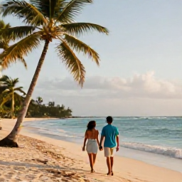 Caribbean Holidays, Jamaica Couples January, Couple walking hand in hand along a quiet Jamaican beach, palm trees, calm Caribbean Sea and warm afternoon light