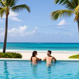 Caribbean Holidays, Jamaica Couples January, Happy couple relaxing at a Jamaican resort pool overlooking the Caribbean Sea, palm trees, sunshine and comfortable romantic holiday setting