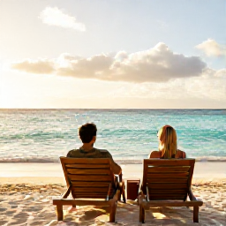 Caribbean Holidays, Jamaica Couples January, Romantic Jamaican beach at sunrise in January, two sun loungers beside clear turquoise water, soft golden light, relaxed couples holiday atmosphere