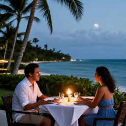 Caribbean Holidays, Jamaica Couples January, Romantic Jamaican evening dinner for two on a candlelit terrace overlooking the sea, tropical setting and relaxed elegant atmosphere