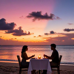 Caribbean Holidays, Jamaica Couples July, A couple dining at a candlelit table on a Jamaican beach during a colourful sunset