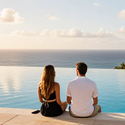 Caribbean Holidays, Jamaica Couples July, A couple relaxing beside an infinity pool overlooking the Caribbean Sea at a Jamaican resort, warm afternoon light