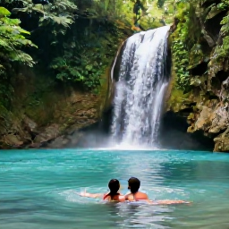 Caribbean Holidays, Jamaica Couples July, A couple swimming in the clear turquoise waters of a Jamaican waterfall surrounded by lush green forest