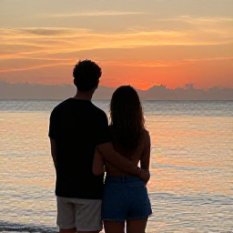 Caribbean Holidays, Jamaica Couples July, A happy couple watching the sunset from a Jamaican beach, calm sea and orange sky