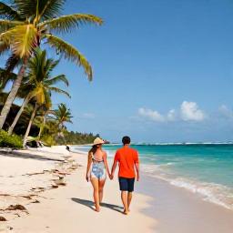 Caribbean Holidays, Jamaica Couples July, A relaxed couple walking hand in hand along a sunny Jamaican beach in July, turquoise sea and palm trees