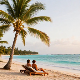 Caribbean Holidays, Jamaica Couples May, A couple relaxing on a quiet Jamaican beach in May, turquoise sea, soft sunlight, palm trees and comfortable beach loungers