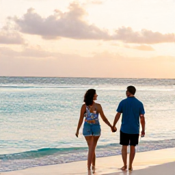 Caribbean Holidays, Jamaica Couples May, Couple walking hand in hand along Seven Mile Beach in Negril, Jamaica, with calm turquoise water and a golden late-afternoon sky