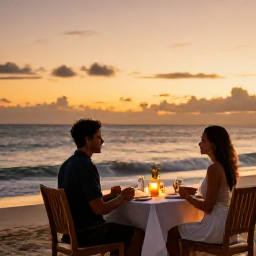 Caribbean Holidays, Jamaica Couples May, Romantic Jamaican resort dinner for two on a beach at sunset, candlelit table, gentle waves and warm evening light