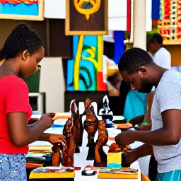 Caribbean Holidays, Jamaica Culture Holidays, Visitors browsing handmade Jamaican crafts at a colourful market, including wood carvings, woven items and paintings