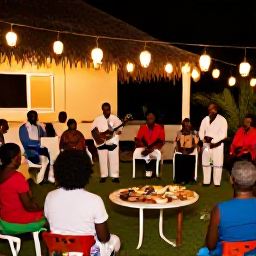 Caribbean Holidays, Jamaica Culture Holidays, Warm evening scene at a Jamaican cultural celebration with families, lanterns, music and traditional food