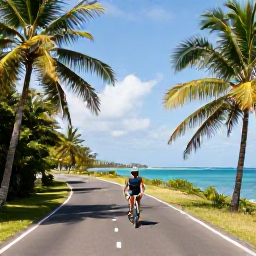 Caribbean Holidays, Jamaica Cycling Holidays, A cyclist riding along a quiet Jamaican coastal road with turquoise sea, palm trees and bright tropical light