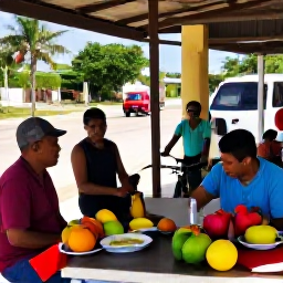 Caribbean Holidays, Jamaica Cycling Holidays, A friendly Jamaican roadside stop with cyclists enjoying fresh tropical fruit and local food