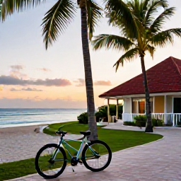 Caribbean Holidays, Jamaica Cycling Holidays, Bicycle parked outside a comfortable Jamaican beach hotel at sunset, palm trees, calm sea and soft evening light