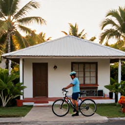 Caribbean Holidays, Jamaica Cycling Holidays, Comfortable cyclist preparing a bicycle outside a small Jamaican hotel, with tropical gardens and morning light