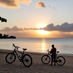 Caribbean Holidays, Jamaica Cycling Holidays, Comfortable cyclists relaxing beside a Jamaican beach at sunset with bicycles nearby